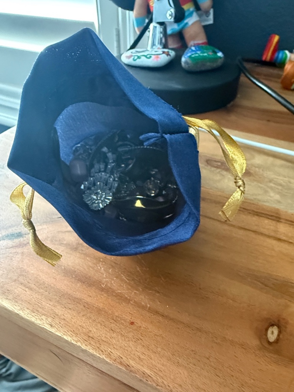 Blue Velvet Drawstring Jewelry Pouch with Gold Ties